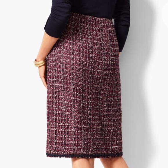 Talbots Women 10 Burgundy Tweed Fringe Hem Button Faux Wrap Pencil Skirt - Picture 2 of 11